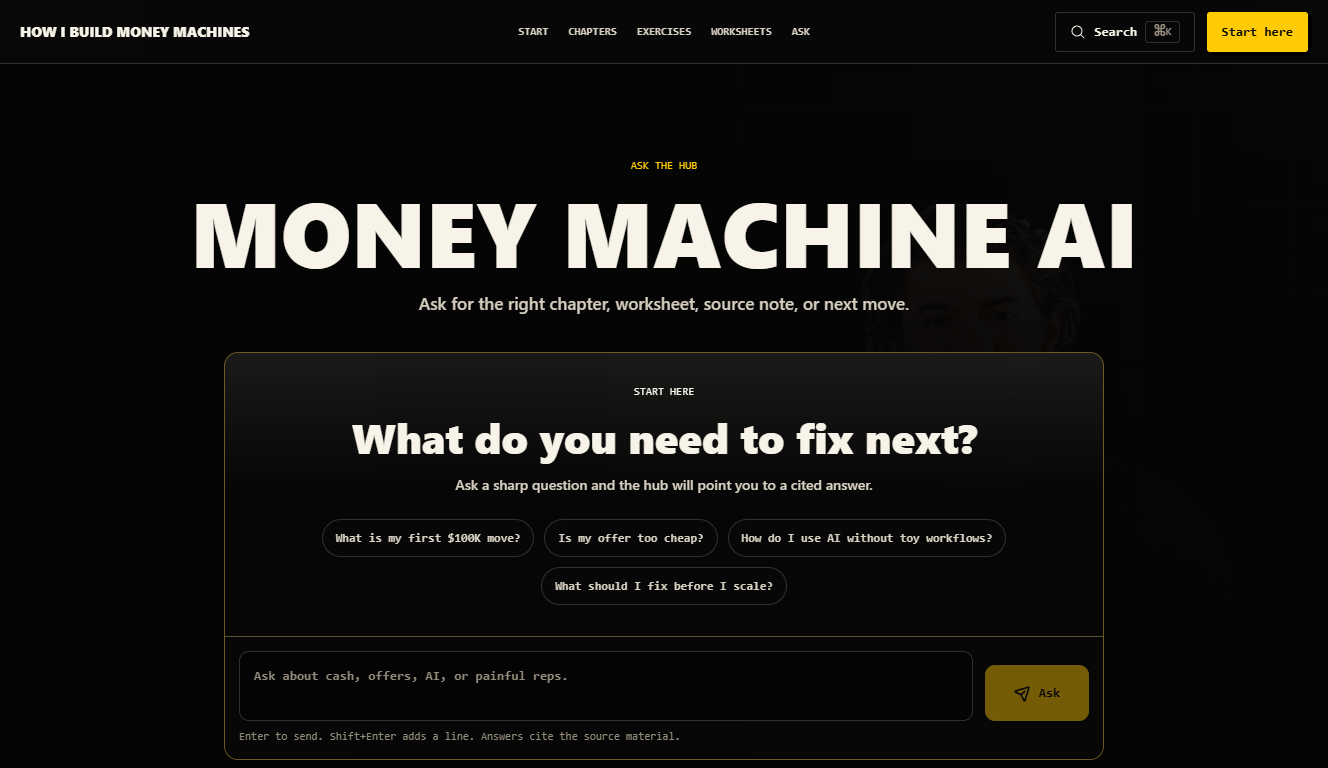 Ask screen inside the Alex Hormozi sample product build with prompts for finding the next move.