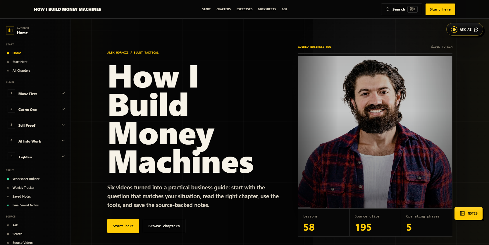 Alex Hormozi sample product build homepage with Money Machine File navigation and source-backed metrics.
