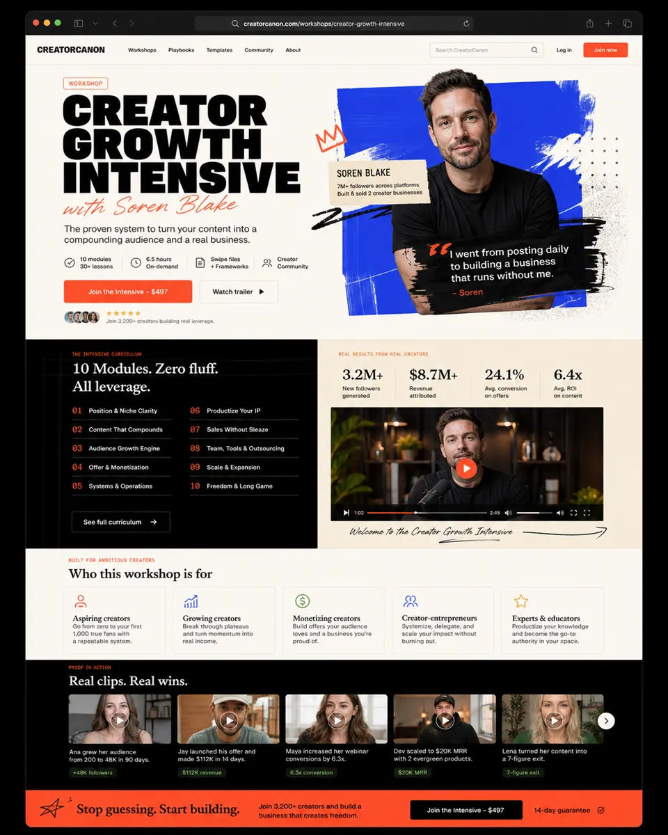 CreatorCanon paid workshop landing page mockup with creator positioning, curriculum, proof, and call to action.